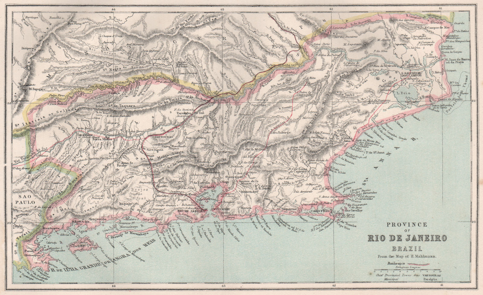 Rio de Janeiro province, Brazil. Railways. Scale in Portuguese leagues 1886 map